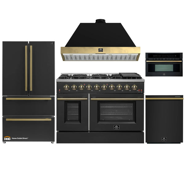 Forno Galiano 5-Piece Appliance Package - 48-Inch Gas Range, 48-Inch Hood, 36-Inch Refrigerator, 24-Inch Dishwasher, & 30-Inch Microwave Oven in Black with Antique Brass Trim