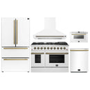Forno 5-Piece Appliance Package - 48-Inch Gas Range, Wall Mount Range Hood, 36-Inch Refrigerator, Dishwasher, and 24-Inch Microwave Drawer in White with Antique Brass Handle