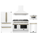 Forno 5-Piece Appliance Package - 48-Inch Gas Range, Wall Mount Range Hood, 36-Inch Refrigerator, Dishwasher, and 24-Inch Microwave Drawer in White with Antique Brass Handle