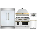 Forno 5-Piece Appliance Package - 48-Inch Gas Range, Wall Mount Range Hood, 60-Inch Refrigerator, Dishwasher, & 24-Inch Microwave Drawer in White with Antique Brass Handle