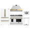 Forno Galiano 5-Piece Appliance Package - 48-Inch Gas Range, 48-Inch Hood, 36-Inch Refrigerator, 24-Inch Dishwasher, & 24-Inch Microwave Drawer in White with Antique Brass Trim
