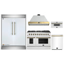 Forno 5-Piece Appliance Package - 48-Inch Gas Range, Wall Mount Range Hood, 60-Inch Refrigerator, Dishwasher, & 30-Inch Microwave Drawer in White with Antique Brass Handle