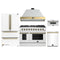 Forno Galiano 5-Piece Appliance Package - 48-Inch Gas Range, 48-Inch Hood, 36-Inch Refrigerator, 24-Inch Dishwasher, & 30-Inch Microwave Drawer in White with Antique Brass Trim