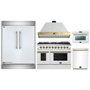 Forno 5-Piece Appliance Package - 48-Inch Gas Range, Wall Mount Range Hood, 60-Inch Refrigerator, Dishwasher, & 24-Inch Microwave Oven in White with Antique Brass Handle