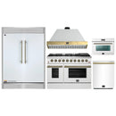Forno 5-Piece Appliance Package - 48-Inch Galiano Gas Range, Wall Mount Range Hood, 60-Inch Refrigerator, Dishwasher, & 24-Inch Microwave Oven in White with Antique Brass Handle