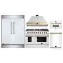 Forno 5-Piece Appliance Package - 48-Inch Gas Range, Wall Mount Range Hood, 60-Inch Refrigerator, Dishwasher, & 30-Inch Microwave Oven in White with Antique Brass Handle