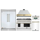 Forno 5-Piece Appliance Package - 48-Inch Galiano Gas Range, Wall Mount Range Hood, 60-Inch Refrigerator, Dishwasher, & 30-Inch Microwave Oven in White with Antique Brass Handle
