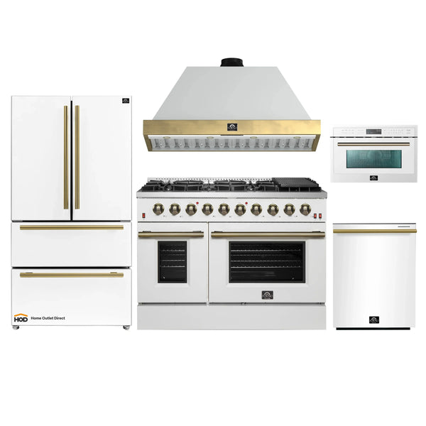 Forno Galiano 5-Piece Appliance Package - 48-Inch Gas Range, 48-Inch Hood, 36-Inch Refrigerator, 24-Inch Dishwasher, & 30-Inch Microwave Oven in White with Antique Brass Trim