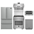 Forno 5-Piece Pro Appliance Package - 30-Inch Gas Range, Refrigerator, Wall Mount Hood with Backsplash, 30-Inch Microwave Drawer, & 3-Rack Dishwasher in Stainless Steel