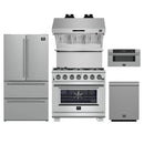 Forno 5-Piece Pro Appliance Package - 36-Inch Gas Range, Refrigerator, Wall Mount Hood with Backsplash, 30-Inch Microwave Drawer, & 3-Rack Dishwasher in Stainless Steel