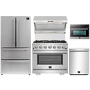 Forno 5-Piece Pro Appliance Package - 36-Inch Gas Range, Refrigerator, Wall Mount Hood with Backsplash, 24-Inch Microwave Oven, & 3-Rack Dishwasher in Stainless Steel