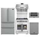 Forno 5-Piece Pro Appliance Package - 30-Inch Capriasca French Door Dual Fuel Range, Refrigerator, Wall Mount Hood with Backsplash, 30-Inch Microwave Drawer, & 3-Rack Dishwasher in Stainless Steel