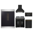 Forno 5-Piece Appliance Package - 30-Inch Capriasca French Door Dual Fuel Range, Wall Mount Range Hood, 60-Inch Refrigerator, Dishwasher, and 30-Inch Microwave Drawer in Black with Antique Brass Handle