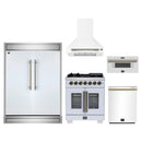 Forno 5-Piece Appliance Package - 30-Inch Capriasca French Door Dual Fuel Range, Wall Mount Range Hood, 60-Inch Refrigerator, Dishwasher, and 30-Inch Microwave Drawer in White with Antique Brass Handle