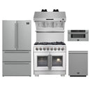 Forno 5-Piece Pro Appliance Package - 36-Inch Capriasca French Door Dual Fuel Range, 36-Inch Refrigerator, Wall Mount Hood with Backsplash, 30-Inch Microwave Drawer, & 3-Rack Dishwasher in Stainless Steel