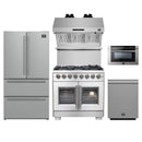 Forno 5-Piece Pro Appliance Package - 36-Inch Capriasca French Door Dual Fuel Range, 36-Inch Refrigerator, Wall Mount Hood with Backsplash, 24-Inch Microwave Drawer, & 3-Rack Dishwasher in Stainless Steel