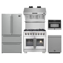 Forno 5-Piece Appliance Package - 36-Inch Capriasca French Door Dual Fuel Range, Refrigerator, Wall Mount Hood with Backsplash, 24-Inch Microwave Oven, & 3-Rack Dishwasher in Stainless Steel