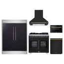 Forno 5-Piece Appliance Package - 36-Inch Capriasca French Door Dual Fuel Range, Wall Mount Range Hood, 60-Inch Refrigerator, Dishwasher, and 24-Inch Microwave Drawer in Black with Antique Brass Handle