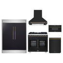 Forno 5-Piece Appliance Package - 36-Inch Capriasca French Door Dual Fuel Range, Wall Mount Range Hood, 60-Inch Refrigerator, Dishwasher, and 30-Inch Microwave Drawer in Black with Antique Brass Handle