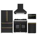 Forno 5-Piece Appliance Package - 36-Inch Capriasca French Door Dual Fuel Range, Wall Mount Range Hood, 36-Inch Refrigerator, Dishwasher, and 24-Inch Microwave Drawer in Black with Antique Brass Handle