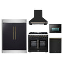 Forno 5-Piece Appliance Package - 36-Inch Capriasca French Door Dual Fuel Range, Wall Mount Range Hood, 60-Inch Refrigerator, Dishwasher, and 24-Inch Microwave Oven in Black with Antique Brass Handle