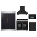 Forno 5-Piece Appliance Package - 36-Inch Capriasca French Door Dual Fuel Range, Wall Mount Range Hood, 60-Inch Refrigerator, Dishwasher, and 30-Inch Microwave Oven in Black with Antique Brass Handle