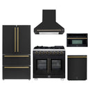 Forno 5-Piece Appliance Package - 36-Inch Capriasca French Door Dual Fuel Range, Wall Mount Range Hood, 36-Inch Refrigerator, Dishwasher, and 30-Inch Microwave Oven in Black with Antique Brass Handle