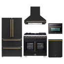 Forno 5-Piece Appliance Package - 36-Inch Capriasca French Door Dual Fuel Range, Wall Mount Range Hood, 36-Inch Refrigerator, Dishwasher, and 24-Inch Microwave Oven in Black with Antique Brass Handle