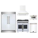 Forno 5-Piece Appliance Package - 36-Inch Capriasca French Door Dual Fuel Range, Wall Mount Range Hood, 60-Inch Refrigerator, Dishwasher, and 24-Inch Microwave Drawer in White with Antique Brass Handle