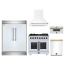 Forno 5-Piece Appliance Package - 36-Inch Capriasca French Door Dual Fuel Range, Wall Mount Range Hood, 60-Inch Refrigerator, Dishwasher, and 30-Inch Microwave Drawer in White with Antique Brass Handle