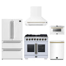 Forno 5-Piece Appliance Package - 36-Inch Capriasca French Door Dual Fuel Range, Wall Mount Range Hood, 36-Inch Refrigerator, Dishwasher, and 24-Inch Microwave Drawer in White with Antique Brass Handle