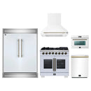 Forno 5-Piece Appliance Package - 36-Inch Capriasca French Door Dual Fuel Range, Wall Mount Range Hood, 60-Inch Refrigerator, Dishwasher, and 24-Inch Microwave Oven in White with Antique Brass Handle