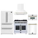 Forno 5-Piece Appliance Package - 36-Inch Capriasca French Door Dual Fuel Range, Wall Mount Range Hood, 36-Inch Refrigerator, Dishwasher, and 30-Inch Microwave Oven in White with Antique Brass Handle