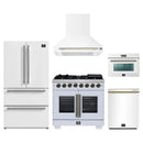 Forno 5-Piece Appliance Package - 36-Inch Capriasca French Door Dual Fuel Range, Wall Mount Range Hood, 36-Inch Refrigerator, Dishwasher, and 24-Inch Microwave Oven in White with Antique Brass Handle