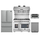 Forno 5-Piece Pro Appliance Package - 48-Inch Capriasca French Door Dual Fuel Range, Refrigerator, Wall Mount Hood with Backsplash, 30-Inch Microwave Drawer, & 3-Rack Dishwasher in Stainless Steel