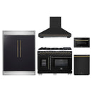 Forno 5-Piece Appliance Package - 48-Inch Capriasca French Door Dual Fuel Range, Wall Mount Range Hood, 60-Inch Refrigerator, Dishwasher, and 24-Inch Microwave Drawer in Black with Antique Brass Handle