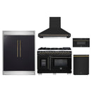 Forno 5-Piece Appliance Package - 48-Inch Capriasca French Door Dual Fuel Range, Wall Mount Range Hood, 60-Inch Refrigerator, Dishwasher, and 30-Inch Microwave Drawer in Black with Antique Brass Handle