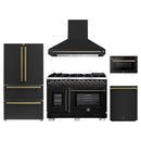 Forno 5-Piece Appliance Package - 48-Inch Capriasca French Door Dual Fuel Range, Wall Mount Range Hood, 36-Inch Refrigerator, Dishwasher, and 24-Inch Microwave Drawer in Black with Antique Brass Handle