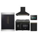 Forno 5-Piece Appliance Package - 48-Inch Capriasca French Door Dual Fuel Range, Wall Mount Range Hood, 60-Inch Refrigerator, Dishwasher, and 24-Inch Microwave Oven in Black with Antique Brass Handle