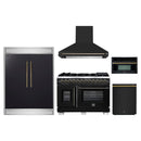 Forno 5-Piece Appliance Package - 48-Inch Capriasca French Door Dual Fuel Range, Wall Mount Range Hood, 60-Inch Refrigerator, Dishwasher, and 30-Inch Microwave Oven in Black with Antique Brass Handle