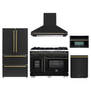Forno 5-Piece Appliance Package - 48-Inch Capriasca French Door Dual Fuel Range, Wall Mount Range Hood, 36-Inch Refrigerator, Dishwasher, and 30-Inch Microwave Oven in Black with Antique Brass Handle