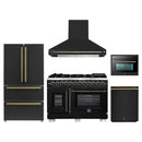Forno 5-Piece Appliance Package - 48-Inch Capriasca French Door Dual Fuel Range, Wall Mount Range Hood, 36-Inch Refrigerator, Dishwasher, and 24-Inch Microwave Oven in Black with Antique Brass Handle