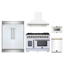 Forno 5-Piece Appliance Package - 48-Inch Capriasca French Door Dual Fuel Range, Wall Mount Range Hood, 60-Inch Refrigerator, Dishwasher, and 24-Inch Microwave Drawer in White with Antique Brass Handle