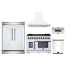 Forno 5-Piece Appliance Package - 48-Inch Capriasca French Door Dual Fuel Range, Wall Mount Range Hood, 60-Inch Refrigerator, Dishwasher, and 30-Inch Microwave Drawer in White with Antique Brass Handle