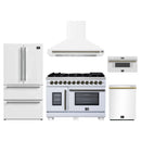 Forno 5-Piece Appliance Package - 48-Inch Capriasca French Door Dual Fuel Range, Wall Mount Range Hood, 36-Inch Refrigerator, Dishwasher, and 30-Inch Microwave Drawer in White with Antique Brass Handle