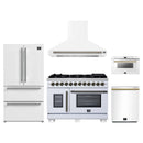 Forno 5-Piece Appliance Package - 48-Inch Capriasca French Door Dual Fuel Range, Wall Mount Range Hood, 36-Inch Refrigerator, Dishwasher, and 24-Inch Microwave Drawer in White with Antique Brass Handle