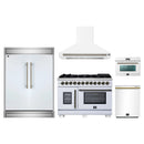 Forno 5-Piece Appliance Package - 48-Inch Capriasca French Door Dual Fuel Range, Wall Mount Range Hood, 60-Inch Refrigerator, Dishwasher, and 24-Inch Microwave Oven in White with Antique Brass Handle
