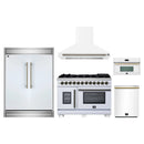 Forno 5-Piece Appliance Package - 48-Inch Capriasca French Door Dual Fuel Range, Wall Mount Range Hood, 60-Inch Refrigerator, Dishwasher, and 30-Inch Microwave Oven in White with Antique Brass Handle
