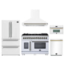 Forno 5-Piece Appliance Package - 48-Inch Capriasca French Door Dual Fuel Range, Wall Mount Range Hood, 36-Inch Refrigerator, Dishwasher, and 30-Inch Microwave Oven in White with Antique Brass Handle