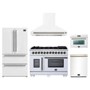 Forno 5-Piece Appliance Package - 48-Inch Capriasca French Door Dual Fuel Range, Wall Mount Range Hood, 36-Inch Refrigerator, Dishwasher, and 24-Inch Microwave Oven in White with Antique Brass Handle